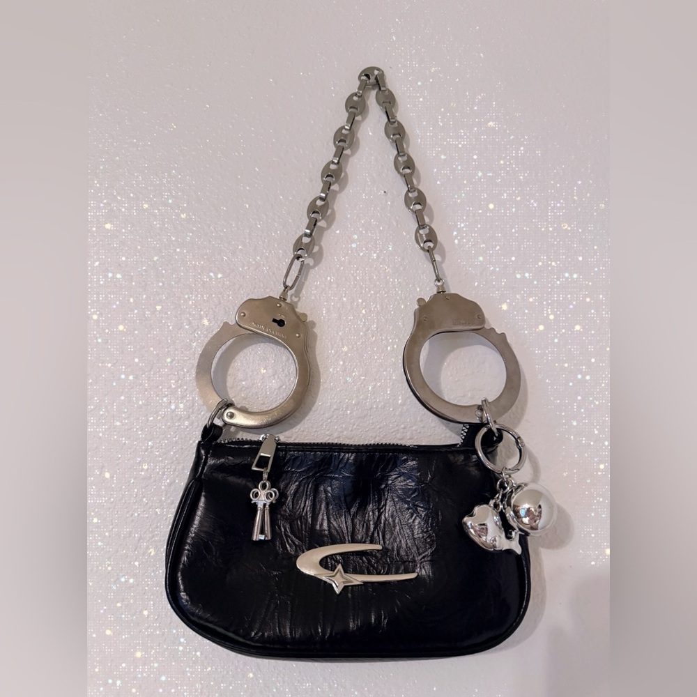 Y2K Custom Handcuff Purse Stripper Money Bag Dominatrix Domme Black Faux Leather